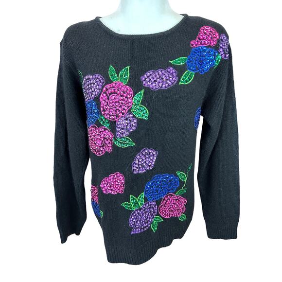 Work In Progress Sequin Sweater Med Black Floral Silk 80s Glam Holiday Vintage - Picture 8 of 12